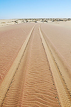 轮胎印,沙子,纳米比诺克陆夫国家公园,局部,纳米比亚,骷髅海岸,纳米布沙漠,非洲