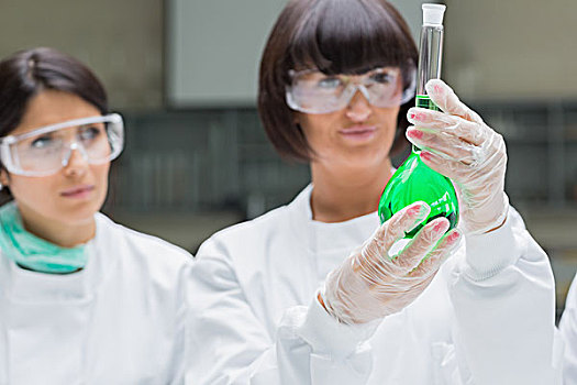 女性,化学家,注视,绿色,液体,实验室