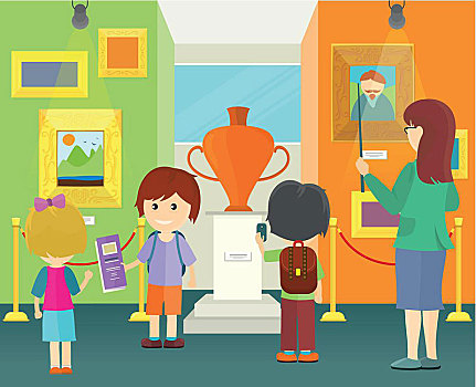 孩子,博物馆,小男孩,女孩,学校,背包,风景,展览,引导,室内,绘画,花瓶,矢量,插画