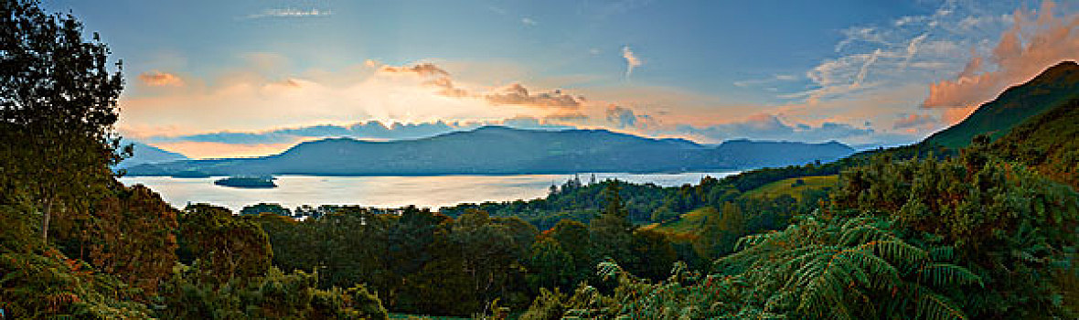 平和,景色,全景,湖,日出,湖区,坎布里亚,英格兰