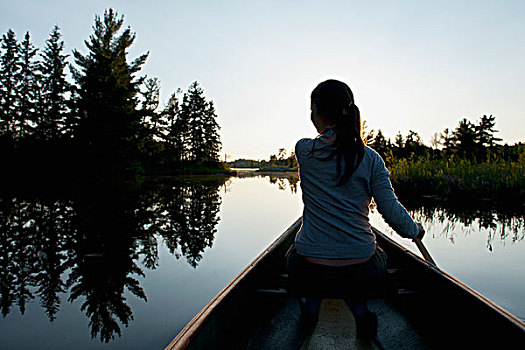 女孩,短桨,船,平和,湖,日落,木,安大略省,加拿大
