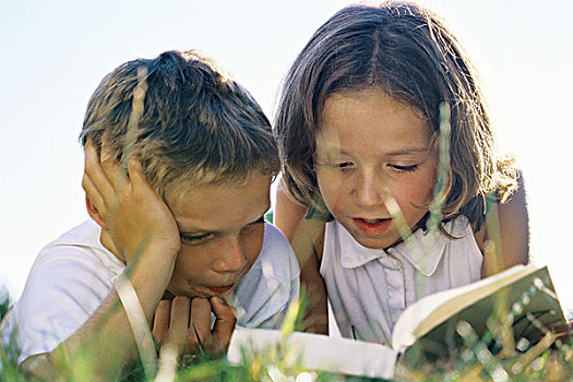 两个孩子,读,书本,一起,草丛