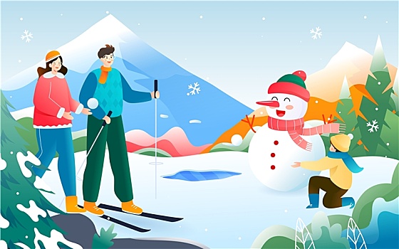 冬季一家人户外活动堆雪人玩耍运动矢量插画