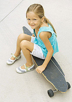 女孩,坐,滑板
