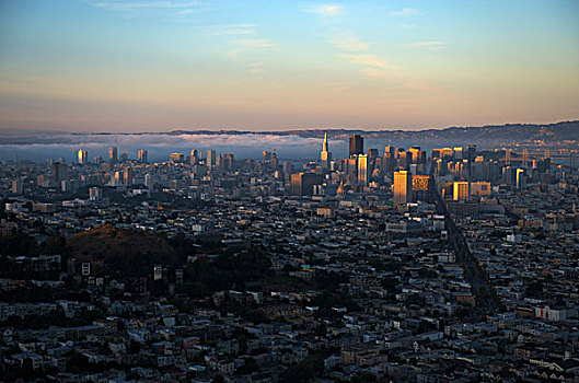 旧金山,相似,顶峰,日落,雾,高处,湾,加利福尼亚,美国
