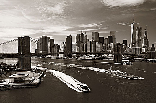 布鲁克林大桥,市区,曼哈顿,天际线,船,纽约