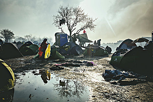 帐篷,早晨,重,雨,难民,露营,边界,马其顿,希腊,欧洲
