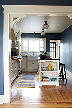 风景,现代,蓝色,厨房,白色,合适,早餐吧