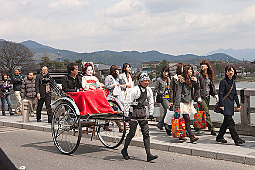 和服,女人,人力车,桥,岚山,京都,日本