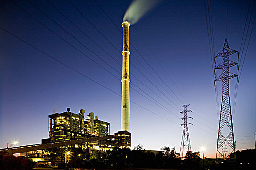 澳大利亚,南澳大利亚州,烟囱,燃煤,发电站,黄昏,夏天,晚间
