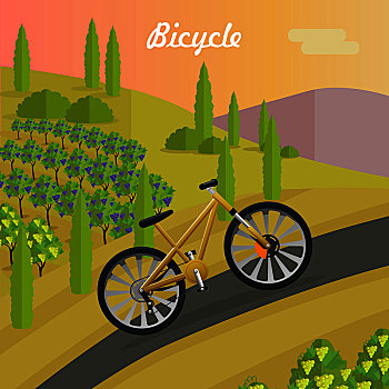 竞赛用自行车,沥青,夏季,运动,黄色,骑自行车,向上,道路,迅速,卑劣,运输,两轮车,绿色,树,日落,背景,矢量,插画,比赛,自行车