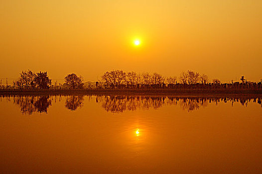 中国浙江诸暨农村,池塘边的日出