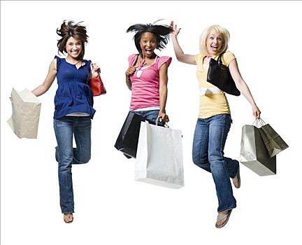 三个女人,跳跃,微笑,购物袋