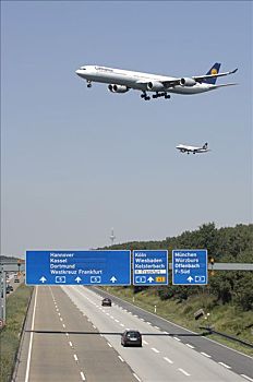 两个,汉莎航空公司,喷气式飞机,接近,法兰克福,国际机场,降落,黑森州,德国,欧洲