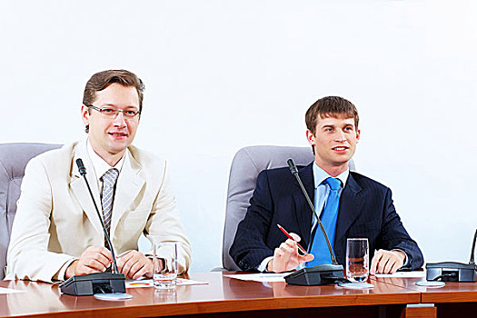 图像,两个,商务人士,坐,桌子,会议