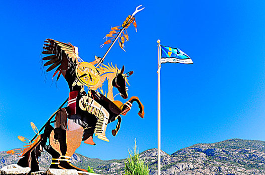 雕塑,印第安土著,头饰,马,游人,中心,不列颠哥伦比亚省,加拿大