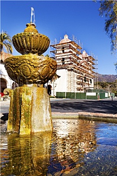 喷泉,白色,砖坯,教区,圣芭芭拉,建筑,加利福尼亚