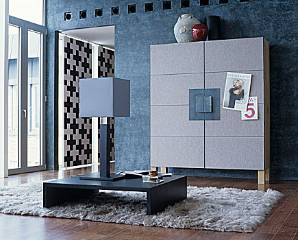 灰色,柜橱,正面,墙壁,台灯,矮桌,地毯