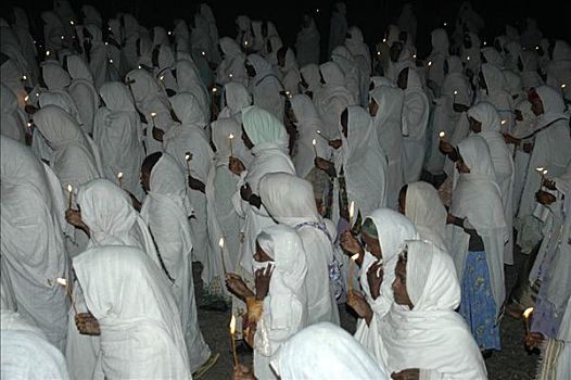 队列,夜晚,东正教,信徒,白色,斗篷,蜡烛,阿克苏姆,埃塞俄比亚