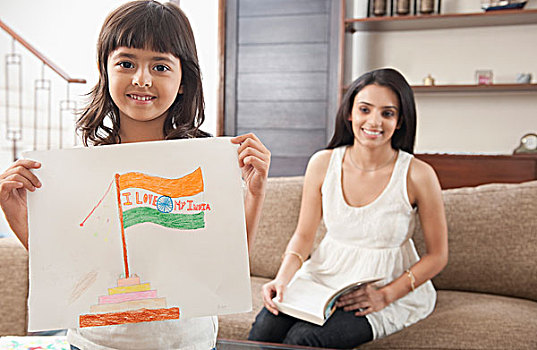 女人,看,女儿,展示,绘画,印度,旗帜