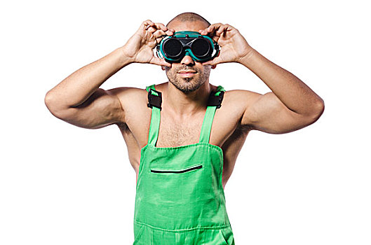 男人,绿色,工装,护目镜