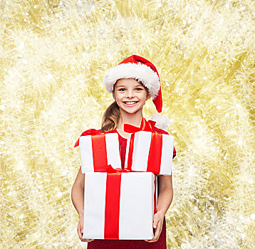 休假,礼物,圣诞节,孩子,人,概念,微笑,小女孩,圣诞老人,帽子,礼盒,上方,黄光,背景