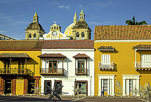 彩色,建筑,教堂,圆顶,广场,老城,卡塔赫纳,哥伦比亚