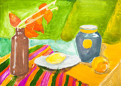 静物,陶瓷,罐,水果,桌上