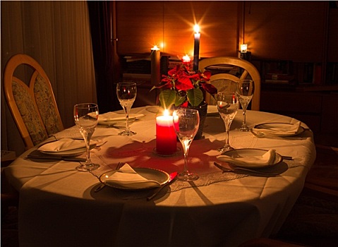 餐桌,烛光,花,玻璃,盘子