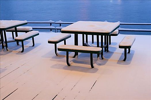 积雪,桌子,长椅