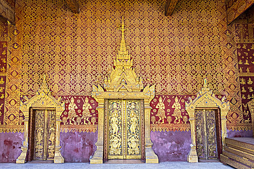 精致,木刻,寺院,入口,门,琅勃拉邦,老挝