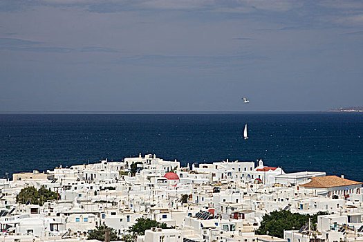 希腊,米克诺斯岛,俯瞰,城镇,帆船,海洋