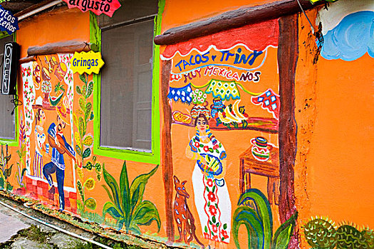 北美,墨西哥,彩色,壁画,涂绘,侧面,小,餐馆,城镇