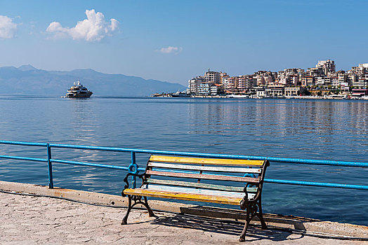 公园长椅,散步场所,爱奥尼亚海,阿尔巴尼亚,欧洲