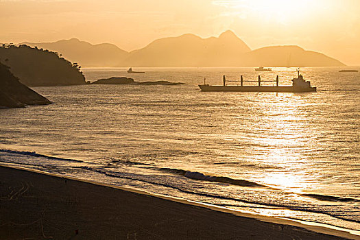 科巴卡巴纳海滩,日出,船,港口,里约热内卢,巴西