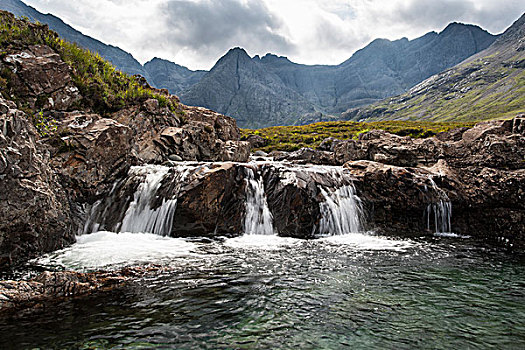 瀑布,仙女,水池,娇嫩,库林丘陵,后面,斯凯岛,苏格兰,英国,欧洲