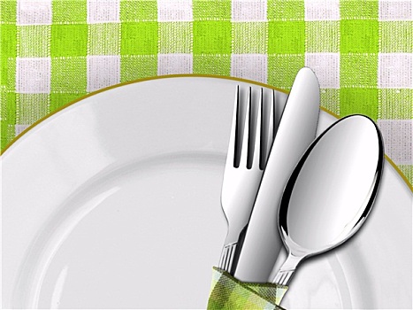 就餐,布置,桌上,绿色,方格,桌布