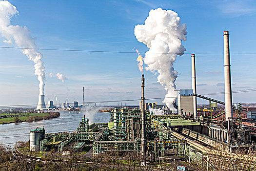 炼焦,工厂,钢铁厂,莱茵河,炉子,冷却塔,煤,电厂,杜伊斯堡,后面,钢铁,欧洲,北莱茵威斯特伐利亚,德国