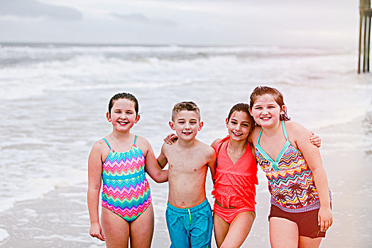 男孩,头像,三个女孩,海滩,岛屿,阿拉巴马,美国