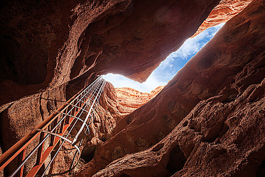 上面,洞穴,铁,梯子,红色,砂岩