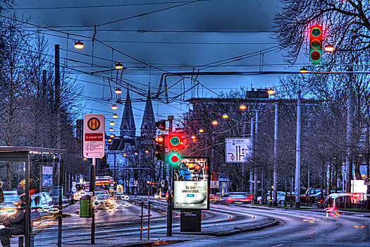巴士,电车站,红绿灯,黄昏,不莱梅,德国,欧洲