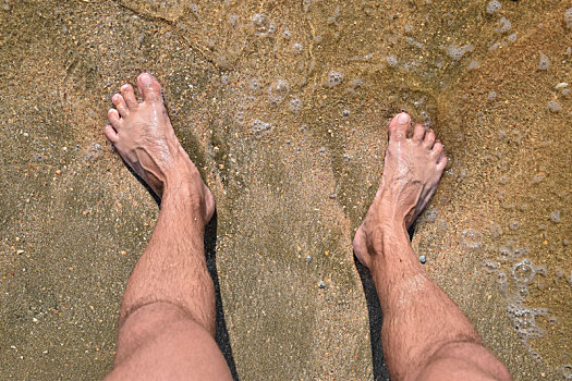 腿,男人,海洋,沙子,靠近,波浪