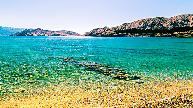 漂亮,海滩,晴天,克尔克岛,岛屿,达尔马提亚,亚得里亚海,海岸,克罗地亚