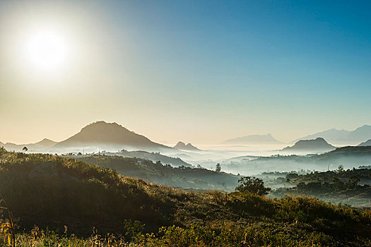 雾,上方,山,日出,围绕,马拉维,非洲
