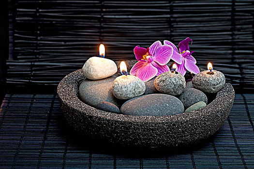 思考,气氛,水疗,兰花,照亮,鹅卵石,蜡烛,石头,盘子