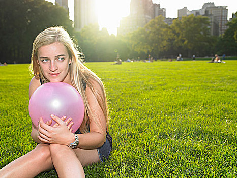 女人,玩,气球,公园