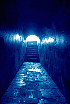 暗色,隧道,破旧,石头,路,地面,楼梯,向上,亮光