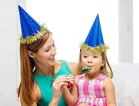 家庭,孩子,庆贺,高兴,人,概念,母女,蓝色,派对帽