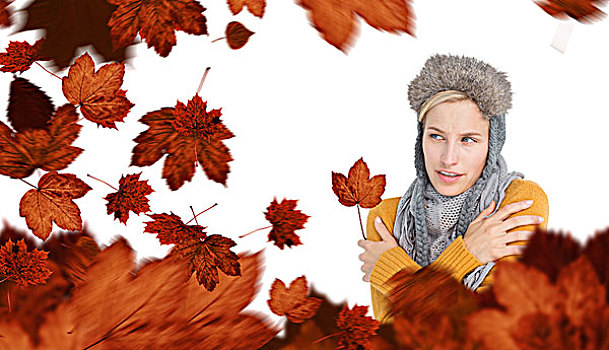 合成效果,图像,魅力,金发,戴着,温暖,帽子,秋叶