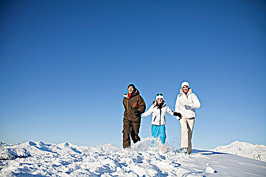 伴侣,女儿,滑雪,穿戴,走,雪中